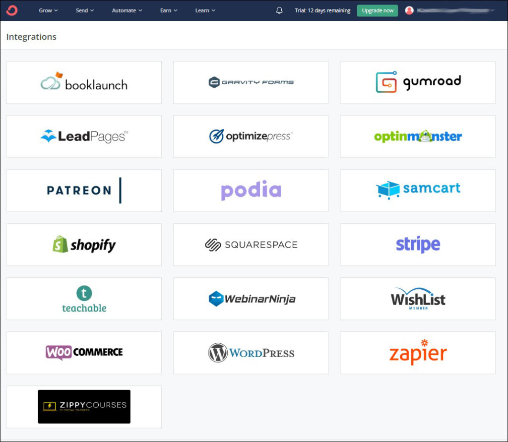 Integrations selections in ConvertKit
