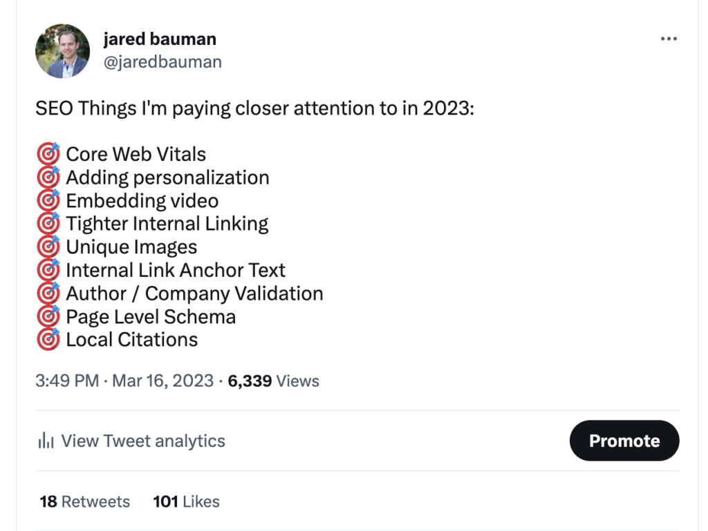 Screencap of a twitter post listing out seo tips to pay attention to in 2023