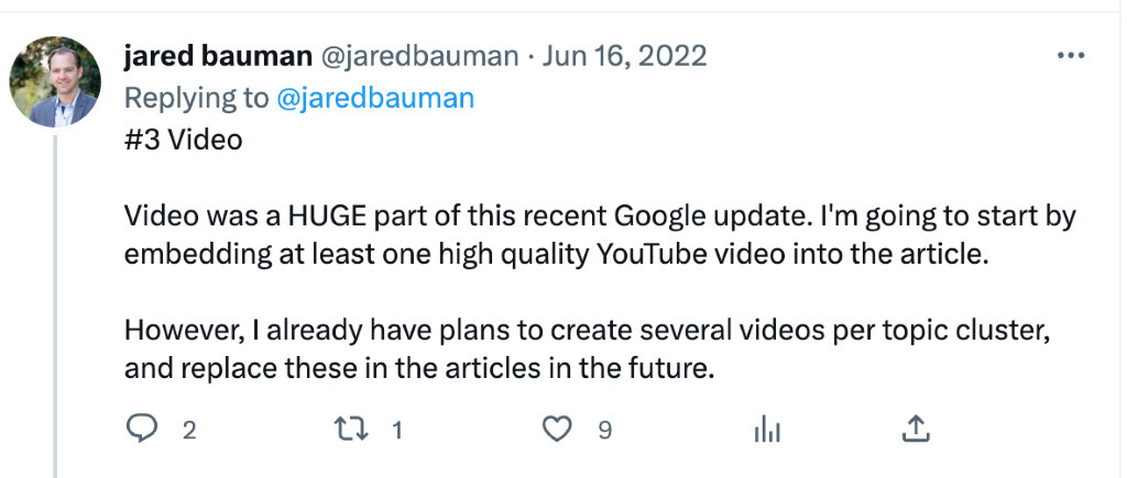 Screencap of a twitter post explaining the importance of embedding videos into article