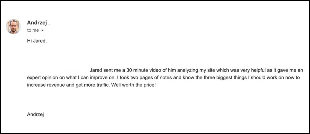 Testimonial about a 30 minute video website review done by Jared Bauman of Weekend Growth