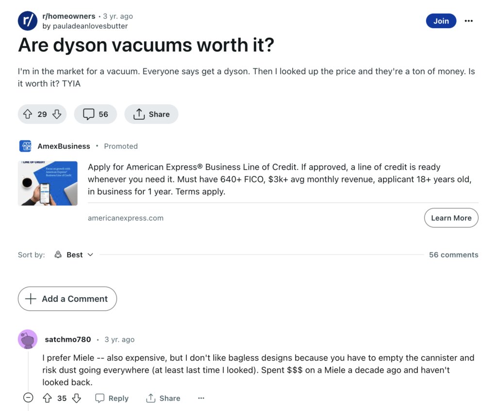 Screencap of a reddit thread about Dyson vacuums