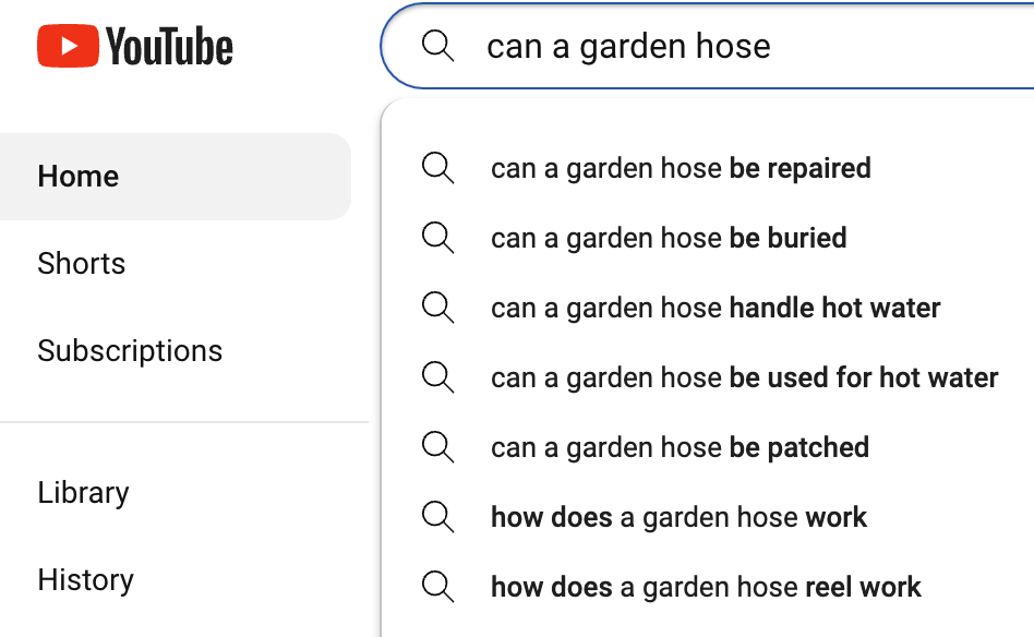 Related search queries for garden hose in a Youtube search bar