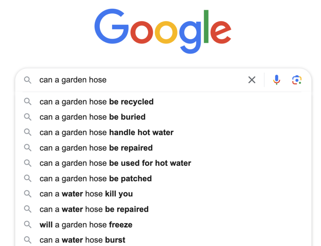 Search results for garden hose on a Google search box
