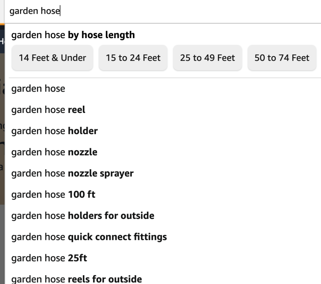 Related search queries for garden hose on an Amazon search box