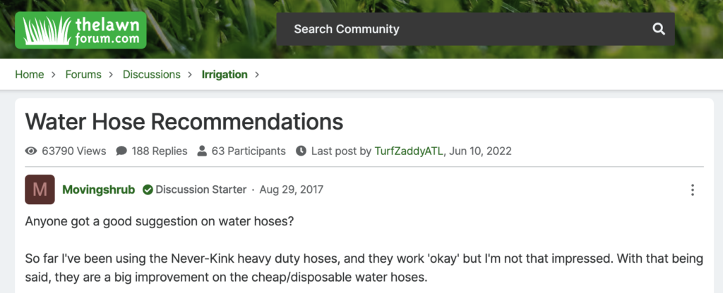 Water hose recommendations in an industry forum