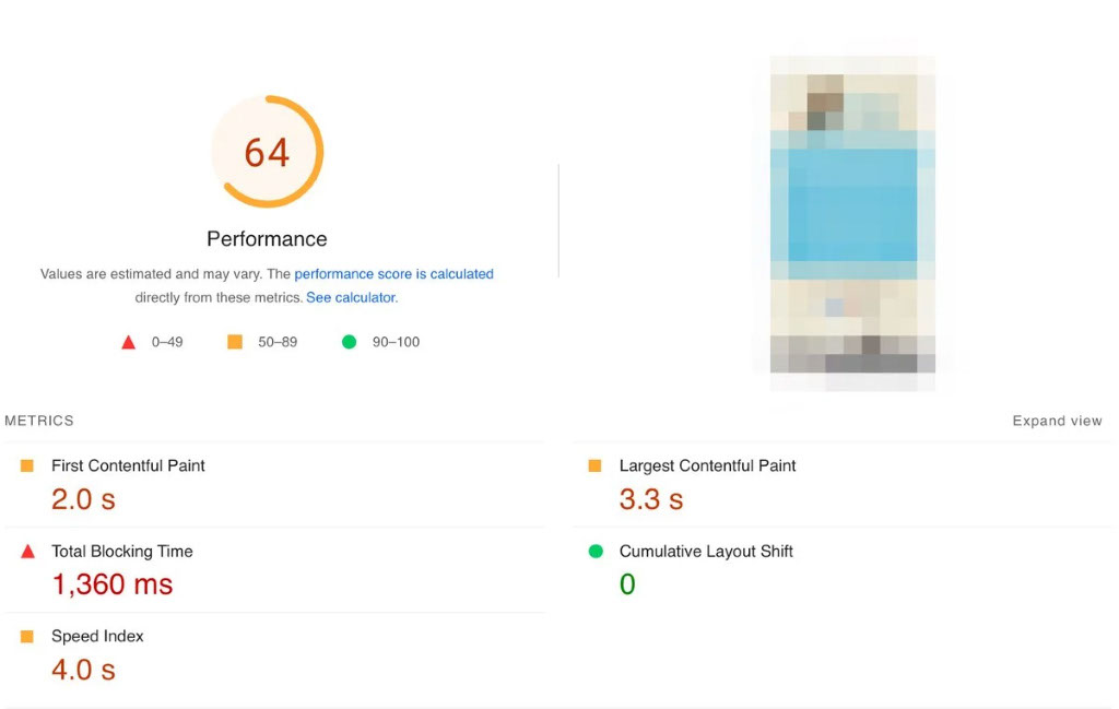 Google site speed scan with a 64 performance metric