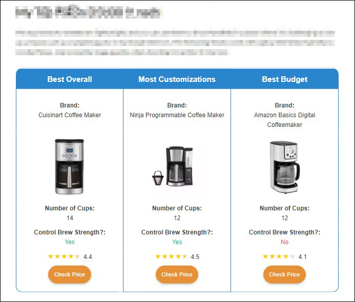 Lasso table comparing 3 top products for a coffee maker