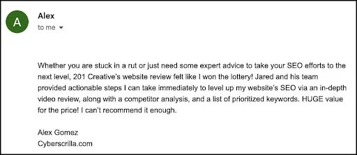 Screencap of a client review for 201 Creative's website review services