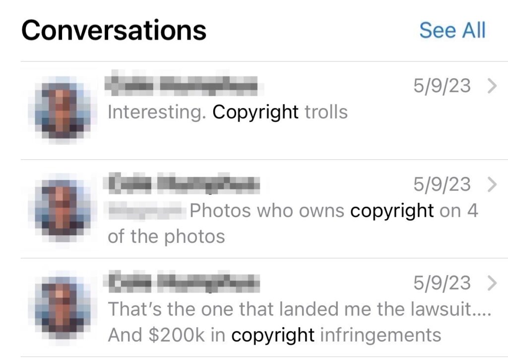 Screencap of a messenger conversation regarding images and copyrights