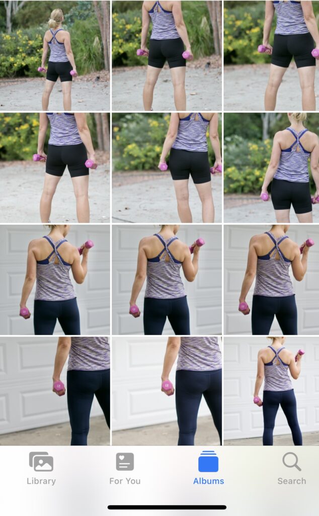 Photo sequence of a woman wearing athleisure while holding pink dumbbells