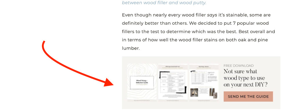 Sample of a free guide for choosing wood types for a DIY project inserted in between an article