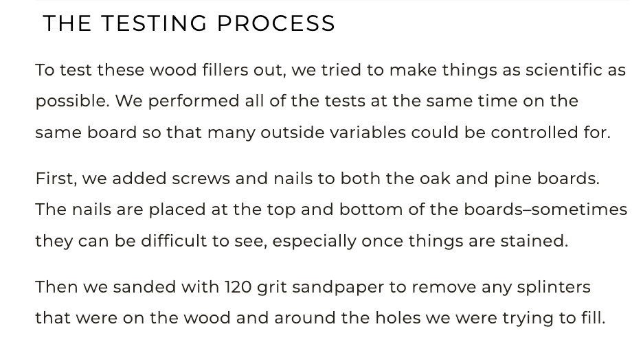 Screencap of an article that explains how they tested out wood fillers for their buying guide