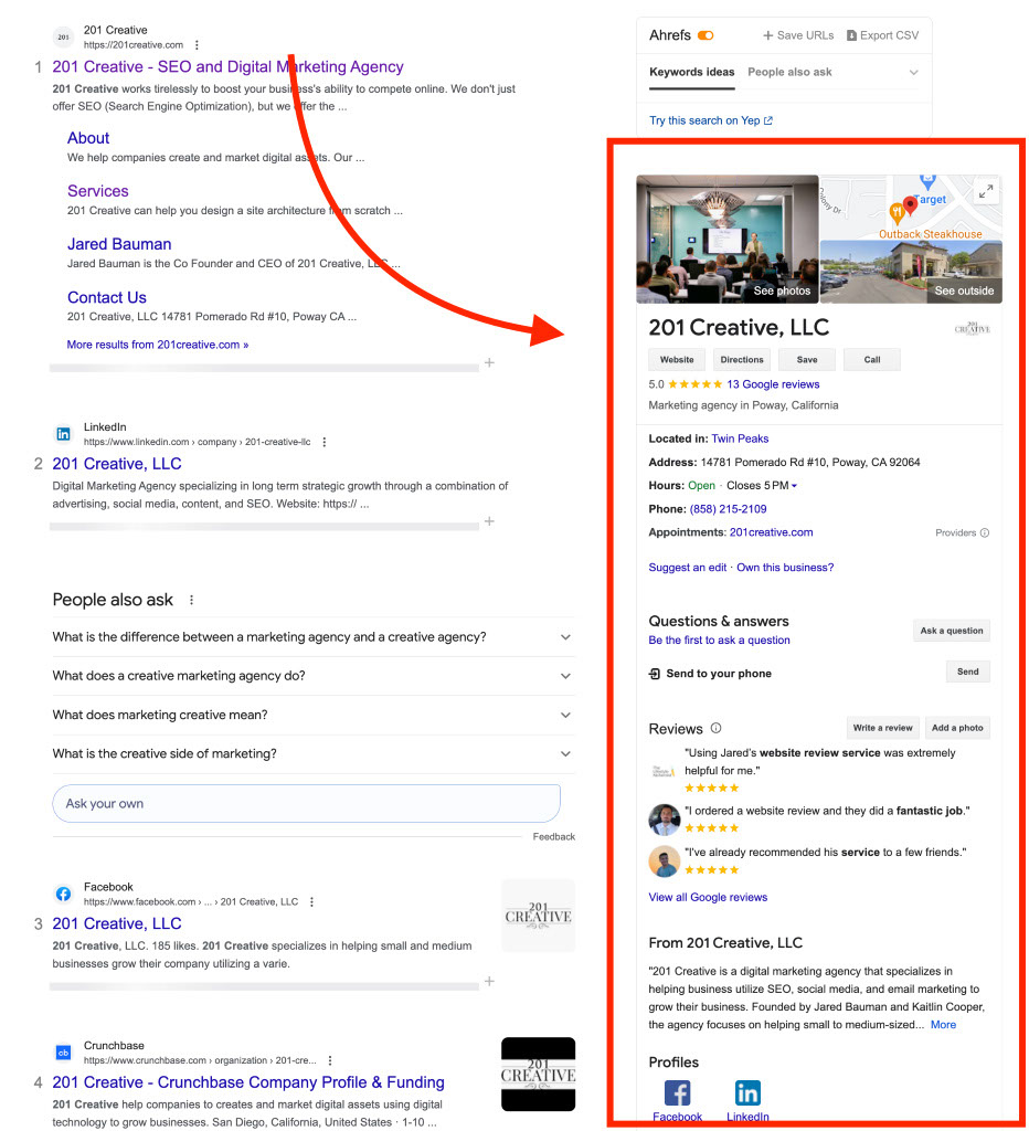 Example of a Google listing for a company with customer reviews