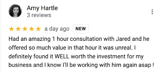 Screencap of a customer review for Weekend Growth's website review and consulting services