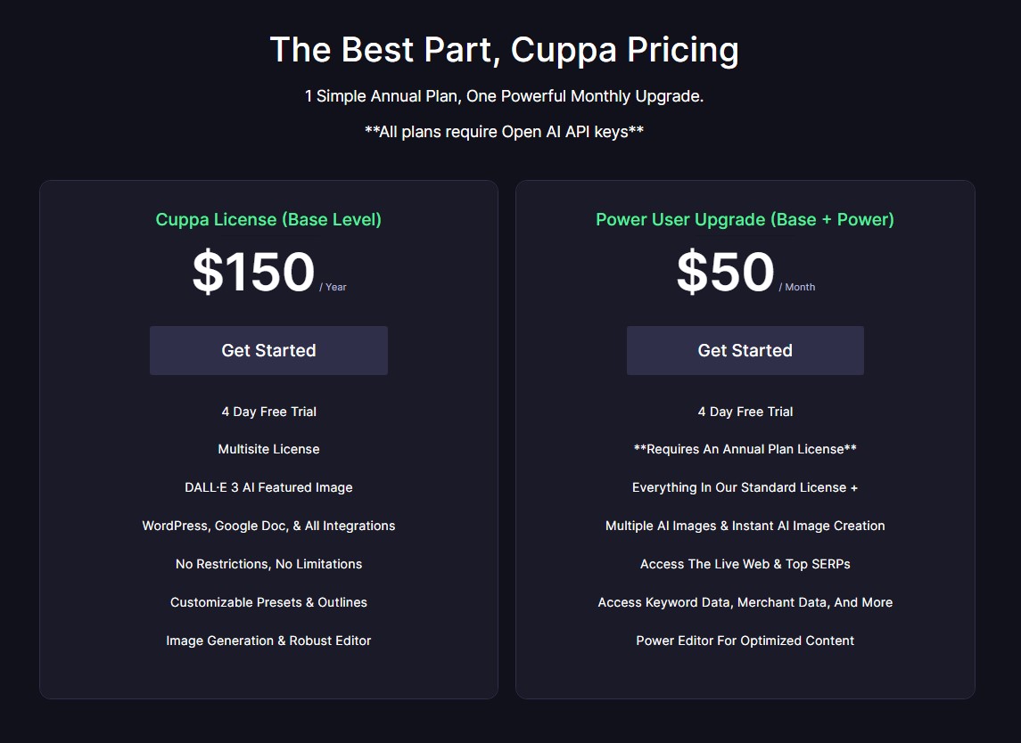 Various pricing options for Cuppa