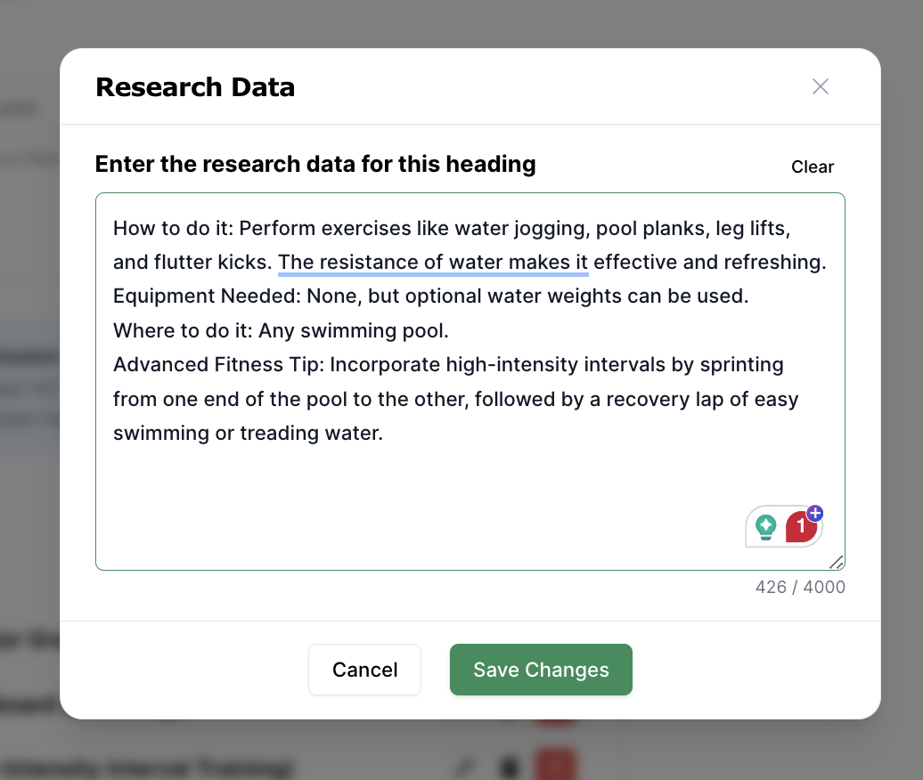 Research data information for content creation in Cuppa