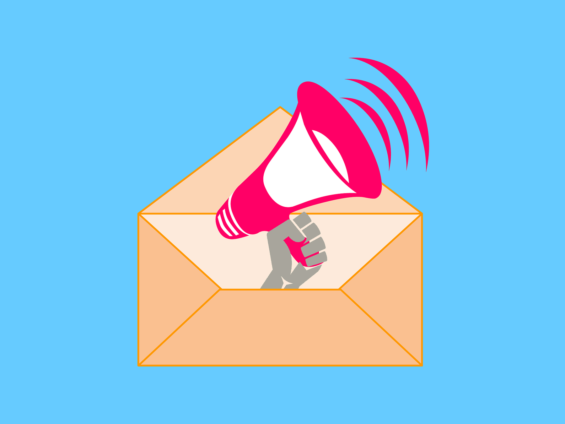 Graphic image of a hand holding a megaphone inside an opened envelope