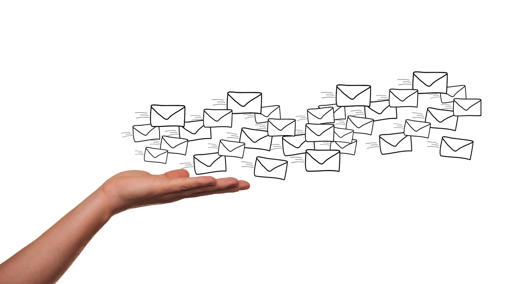 Graphic image of a person holding dozens of flying envelopes