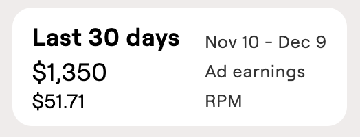 Ad earnings from the last 30 days