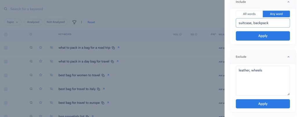 Using the Keyword Filter feature in Low Fruits