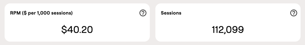 Two data cards displaying website monetization metrics