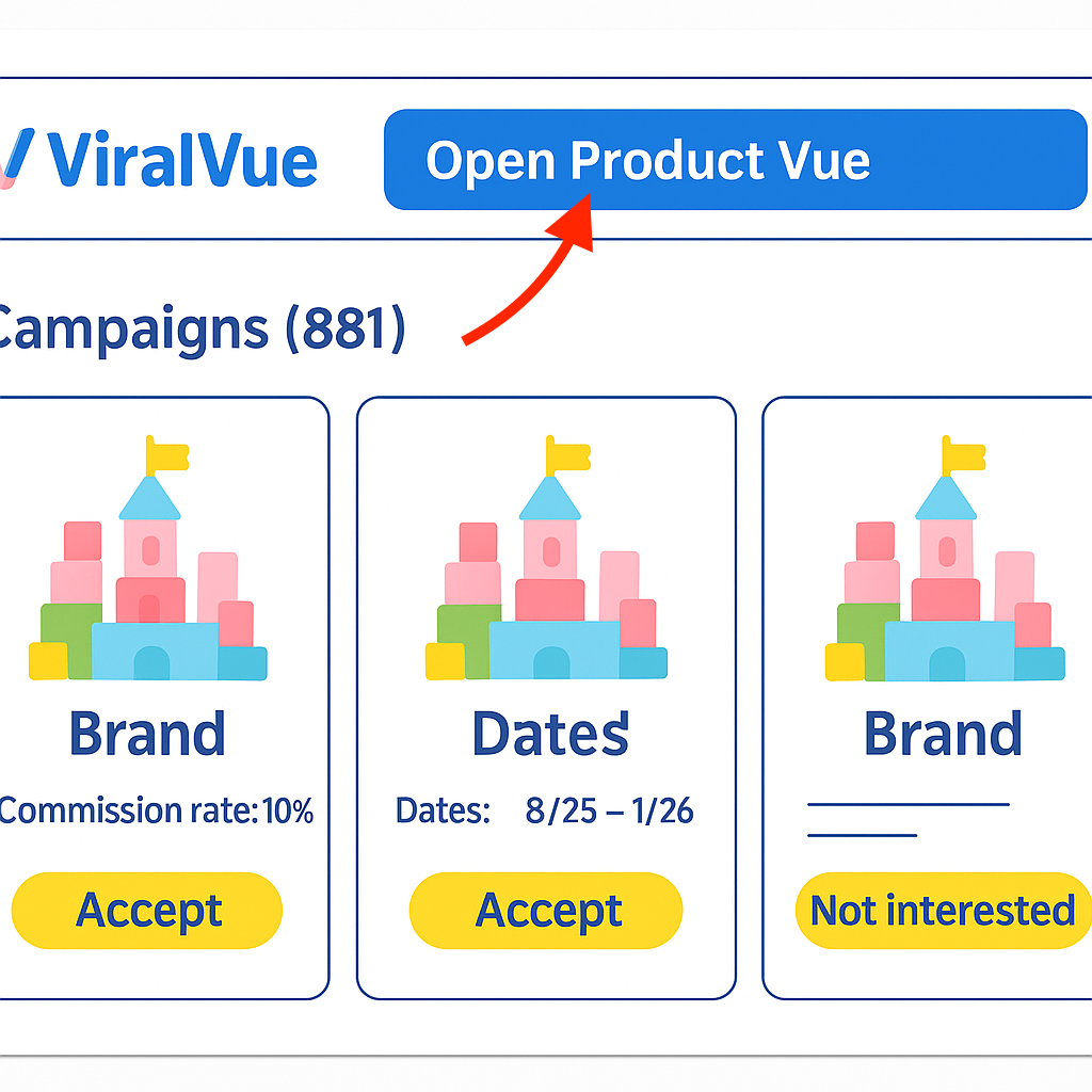 A user interface with "ViralVue" at the top, displaying campaigns with colorful castle icons and buttons for "Accept" or "Not Interested.