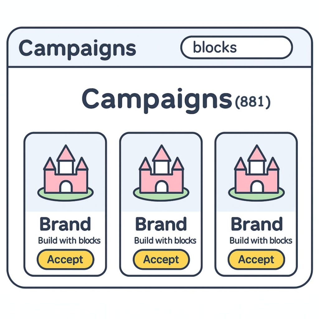 A user interface showing a list of campaigns with a "Brand" and "Accept" button next to pink castle icons, under a "Campaigns" heading