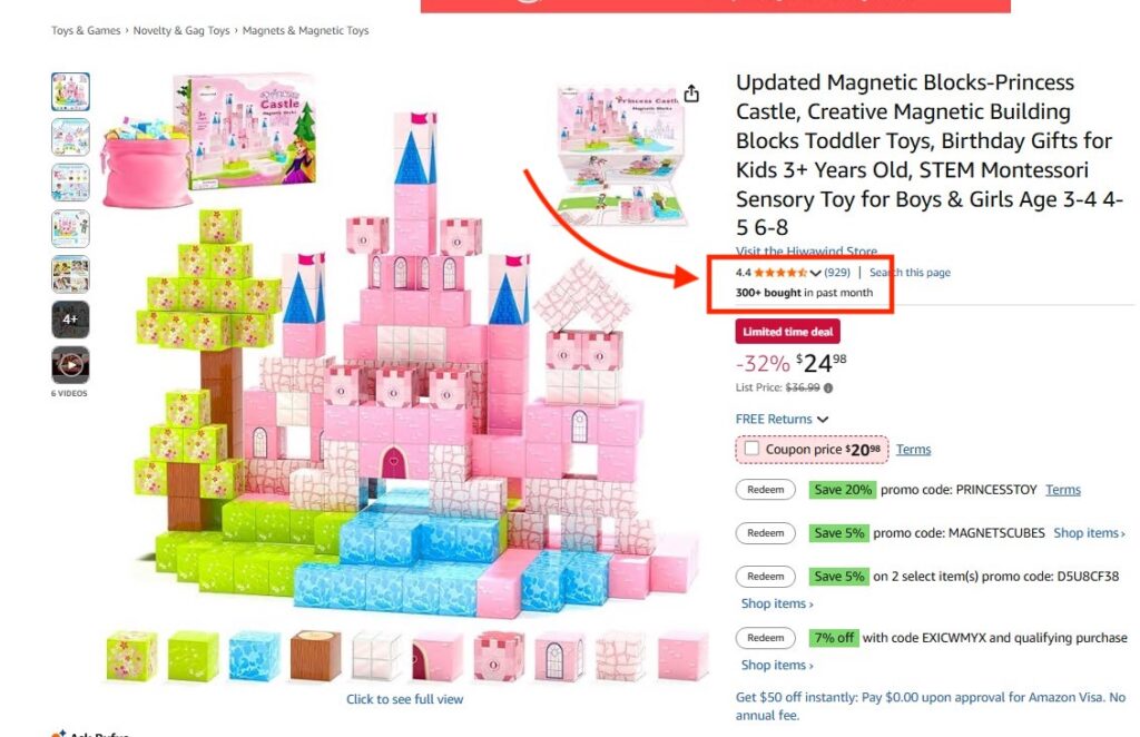A product listing for a magnetic princess castle building block set, with a rating of 4.4 stars and a note of 300+ bought in the past month