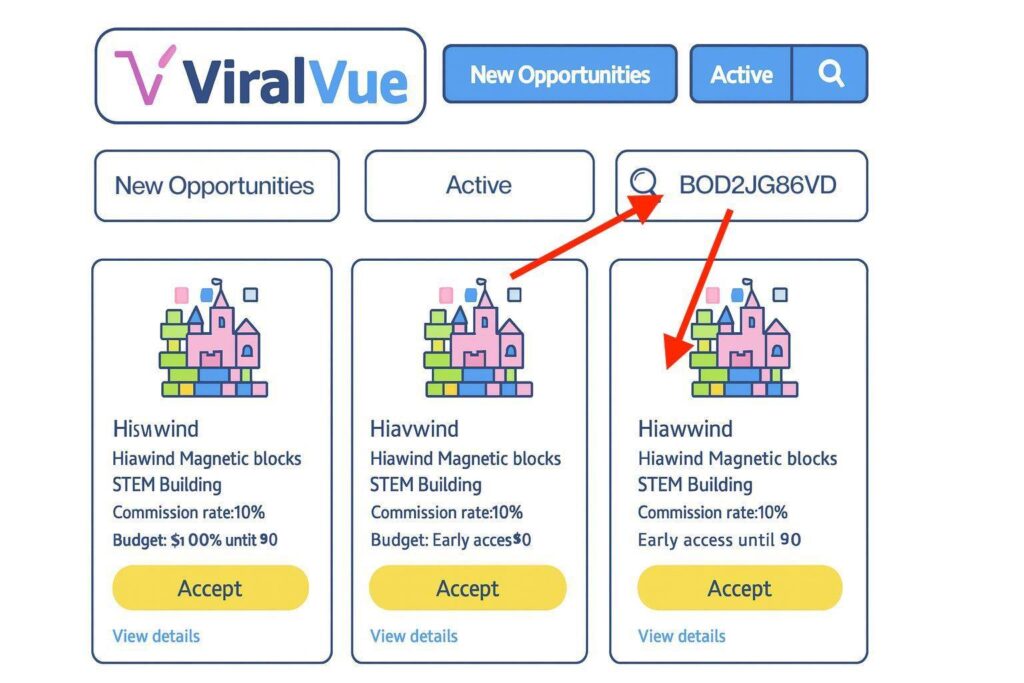 The ViralVue campaign view showing product listings with arrows pointing to an ASIN code and campaign accept button.