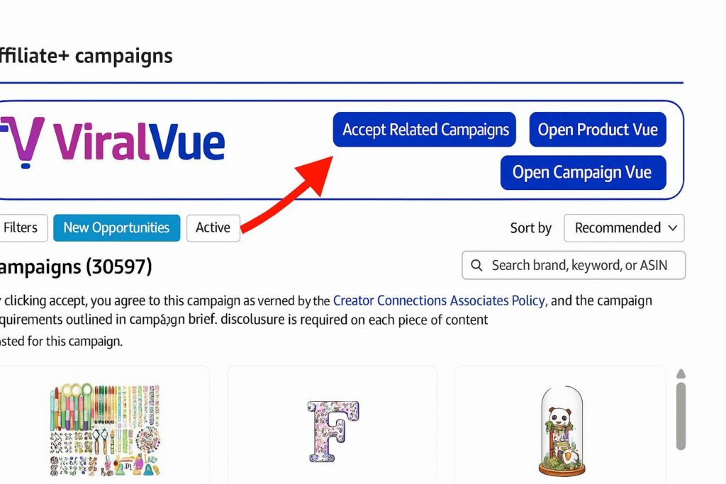 The ViralVue dashboard with an arrow pointing to the “Accept Related Campaigns” button.