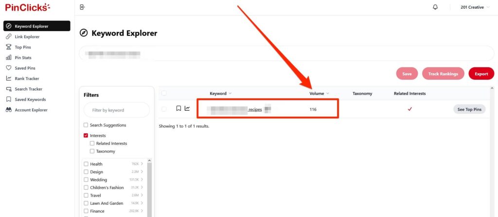 Keyword Explorer of PinClicks highlighting the volume