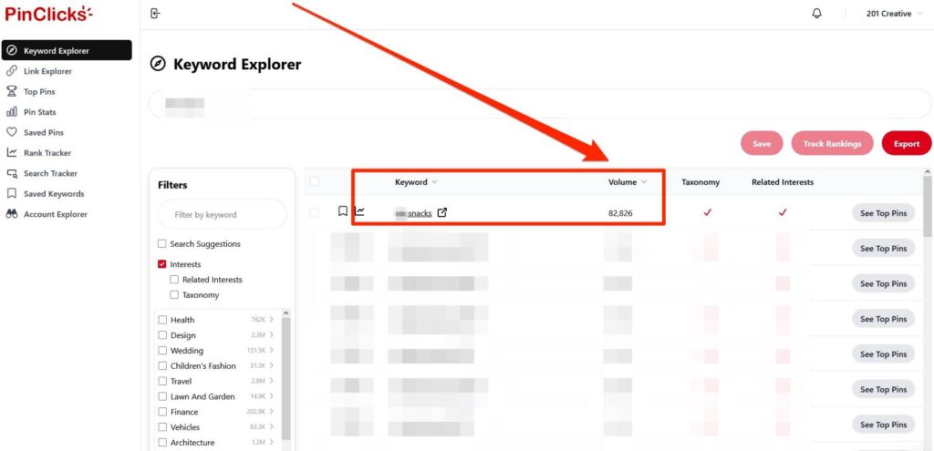 Keyword Explorer of PinClicks highlighting a keyword and its volume